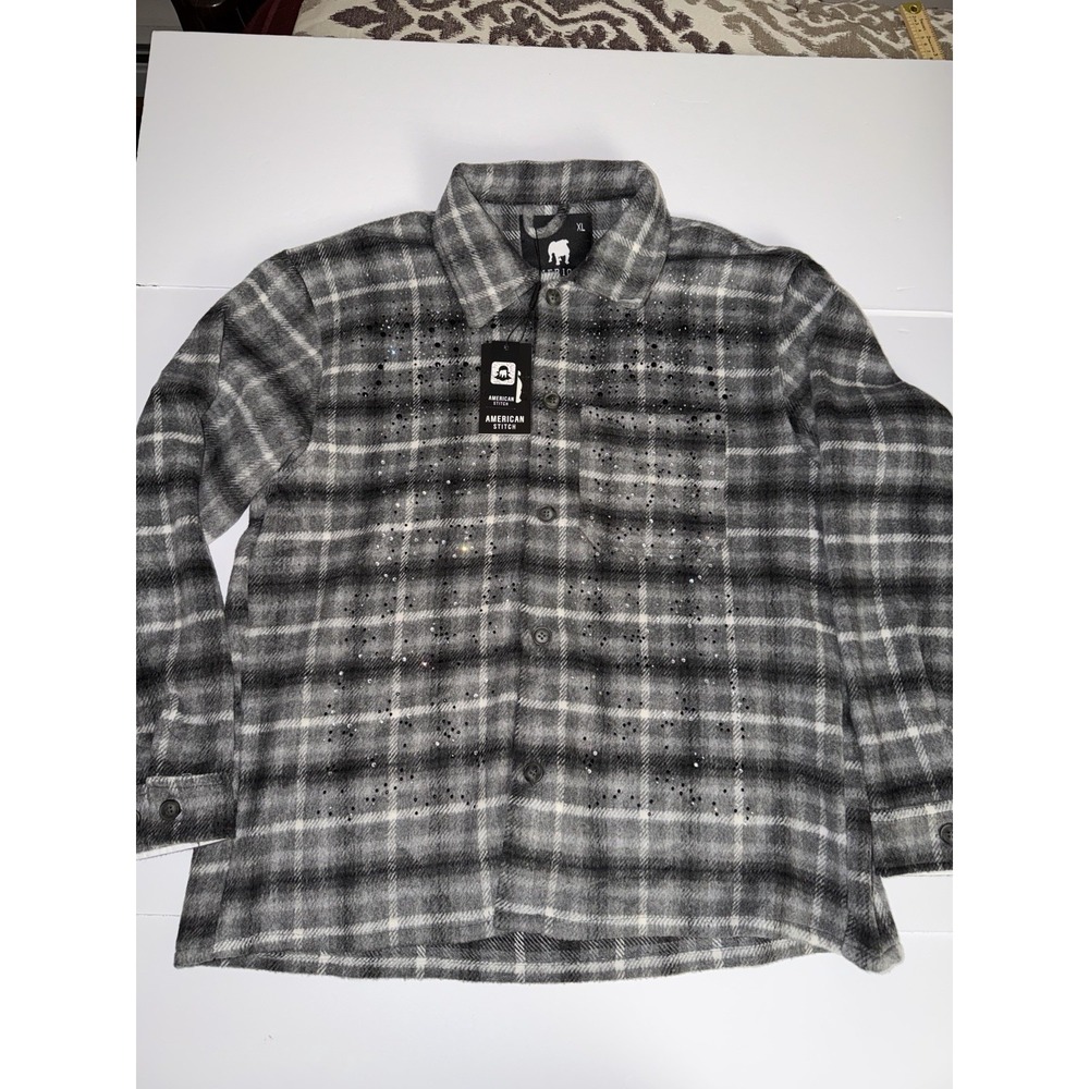 American Stitch Men XL Plaid Rhinestone Sequin Flannel Shirt Jacket Gray NWT